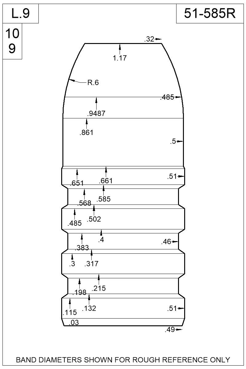 Dimensioned view of bullet 51-585R