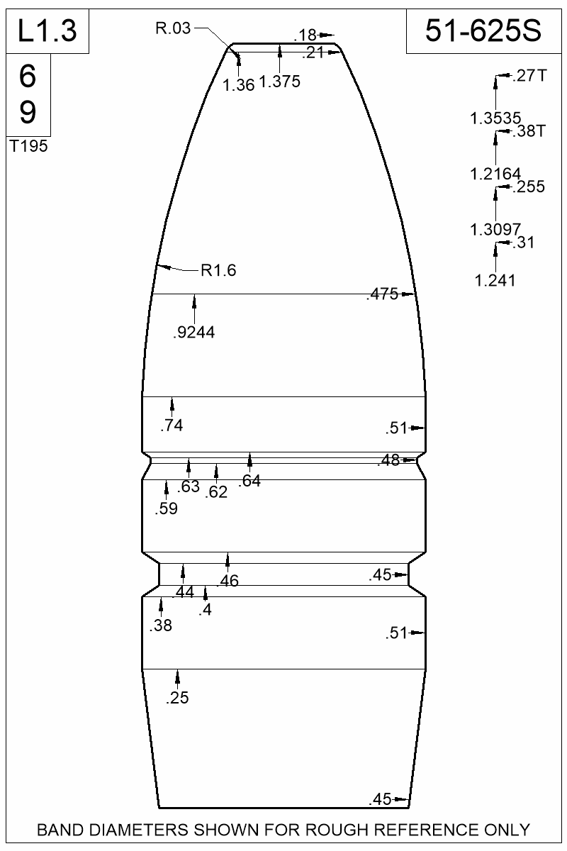 Dimensioned view of bullet 51-625S