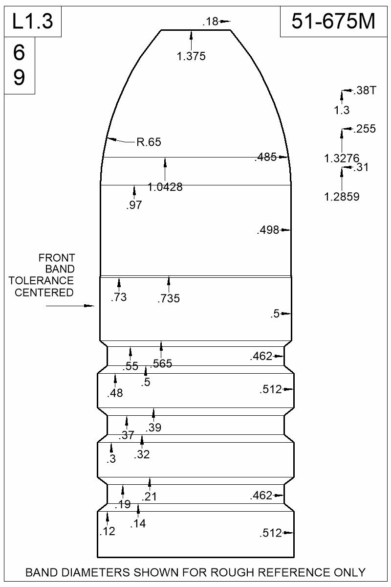 Dimensioned view of bullet 51-675M