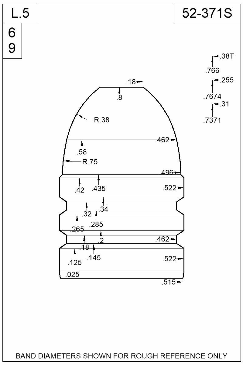 Dimensioned view of bullet 52-371S