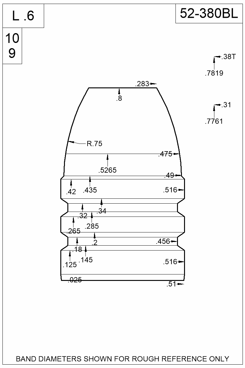 Dimensioned view of bullet 52-380BL