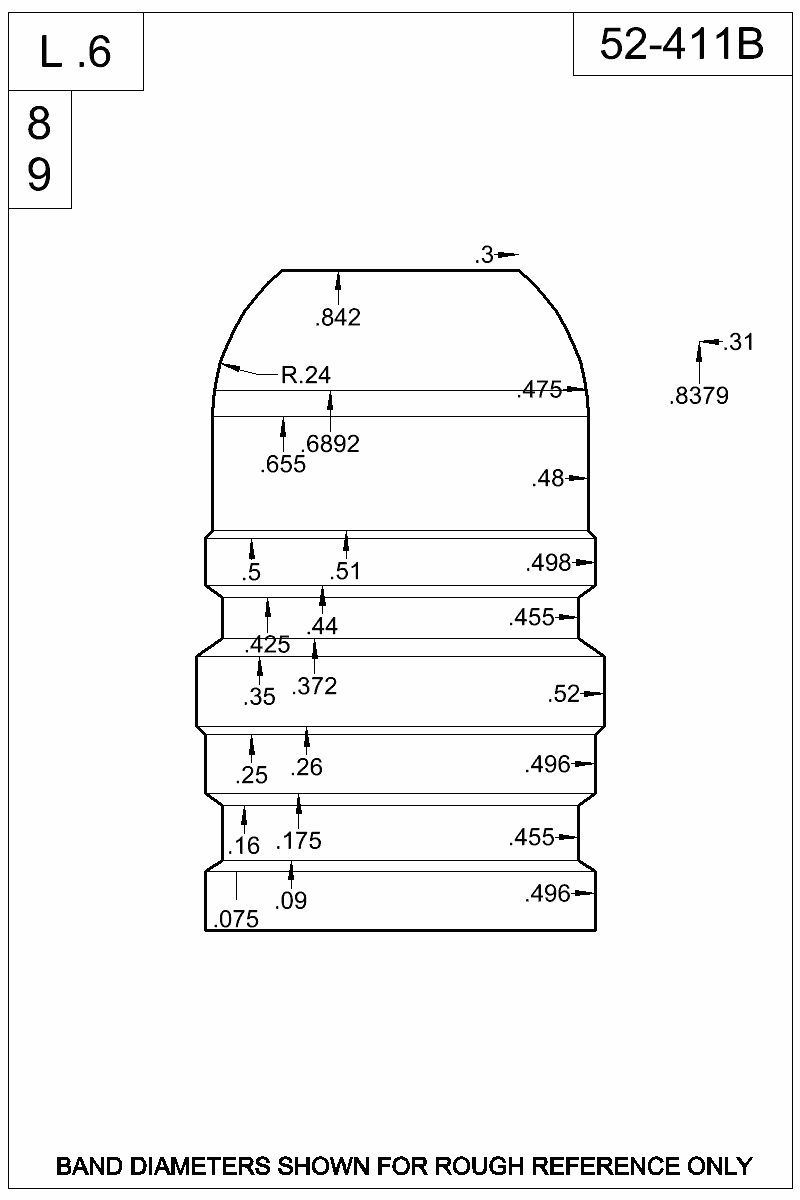 Dimensioned view of bullet 52-411B
