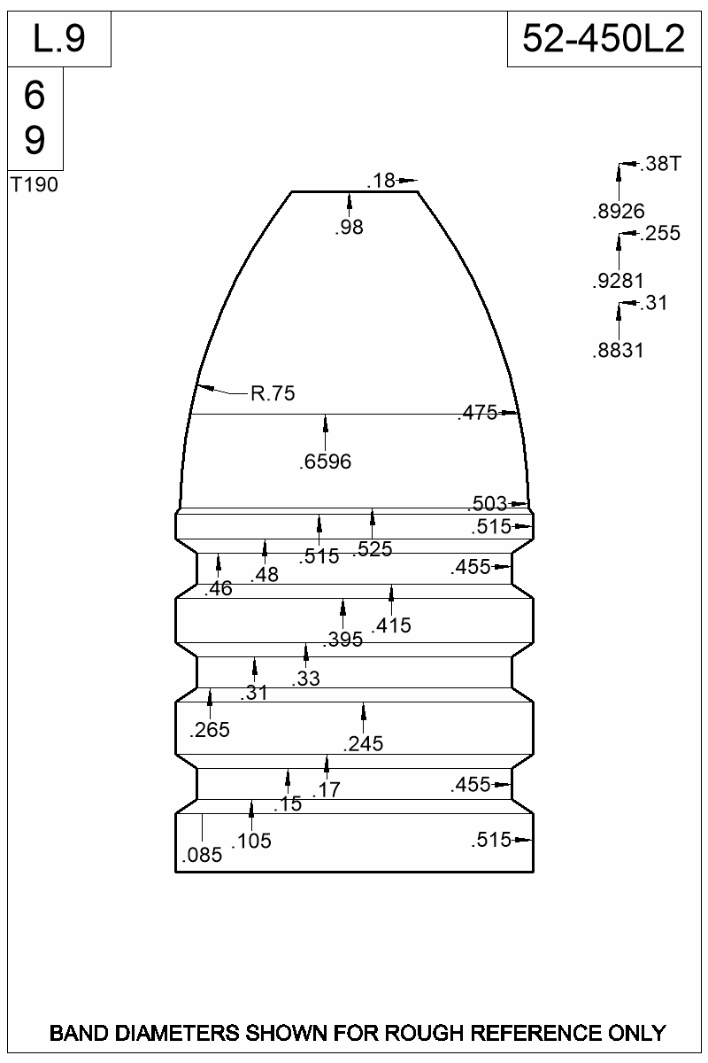 Dimensioned view of bullet 52-450L2
