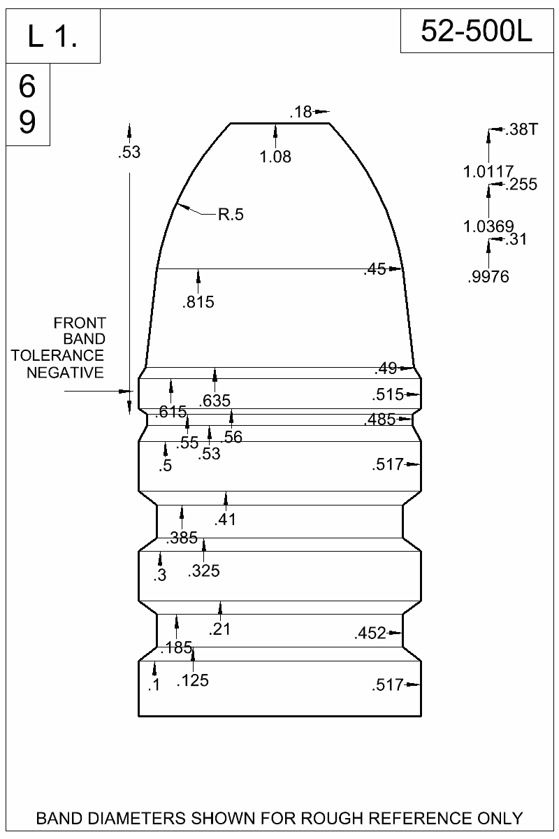 Dimensioned view of bullet 52-500L