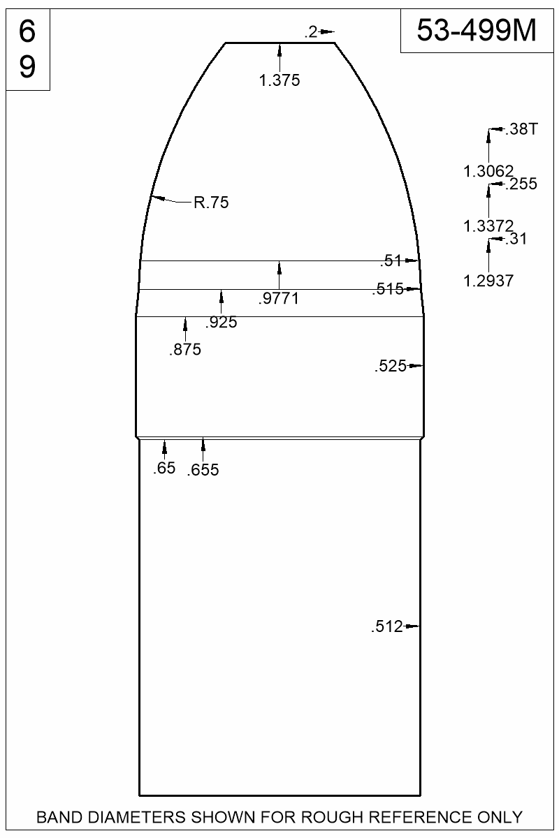 Dimensioned view of bullet 53-499M