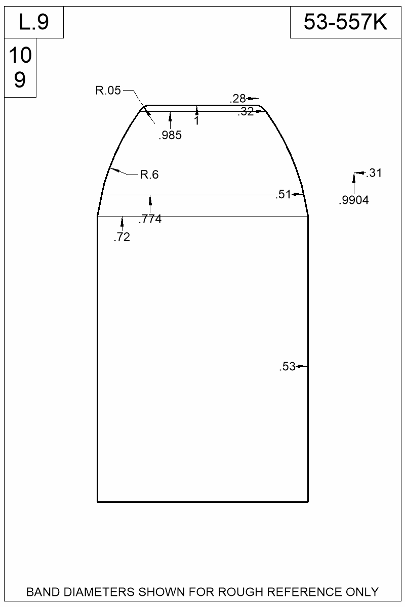 Dimensioned view of bullet 53-557K
