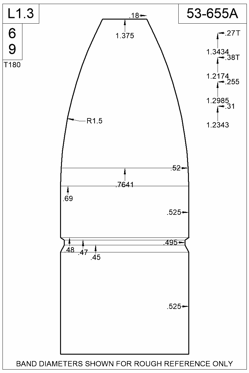 Dimensioned view of bullet 53-655A