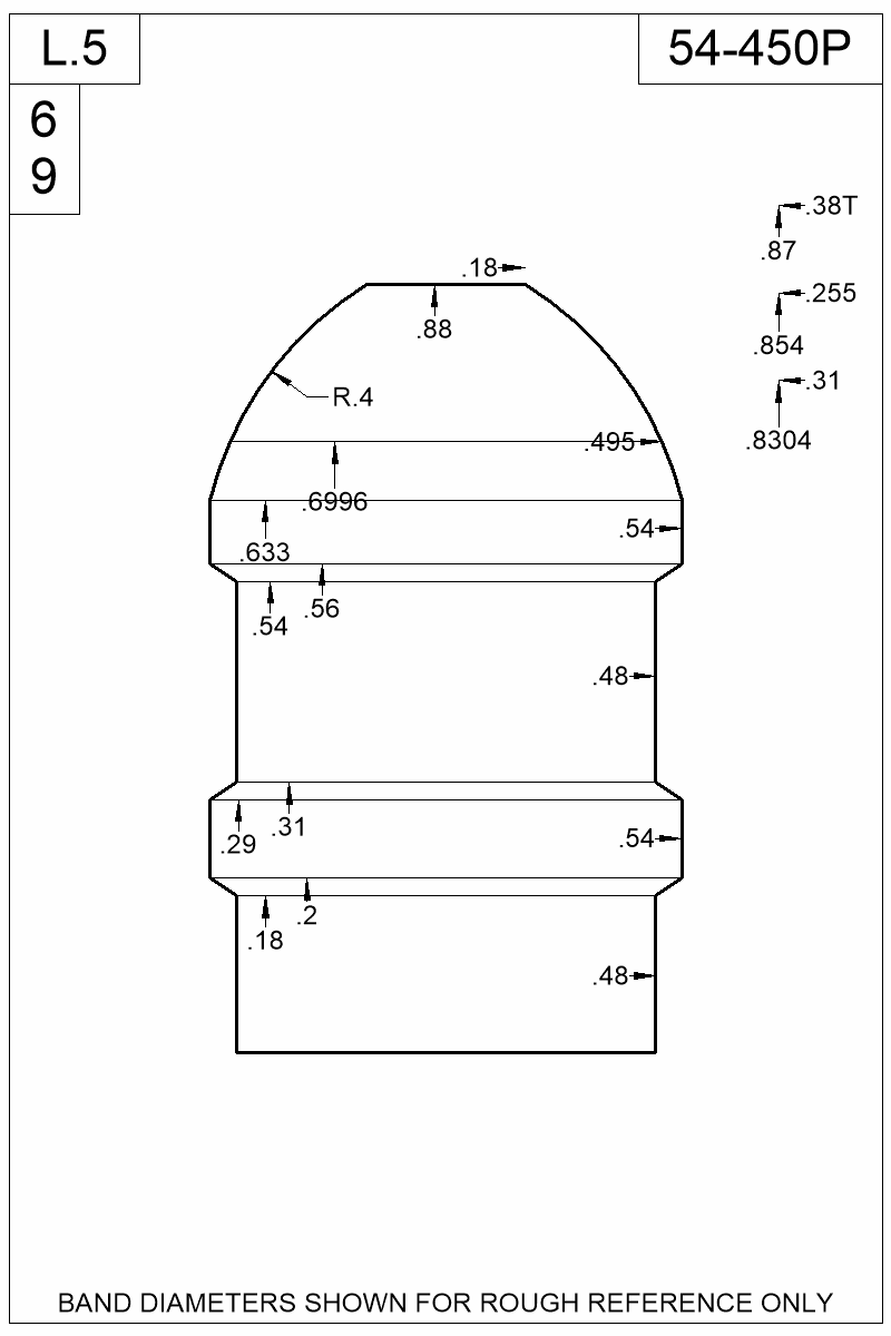 Dimensioned view of bullet 54-450P