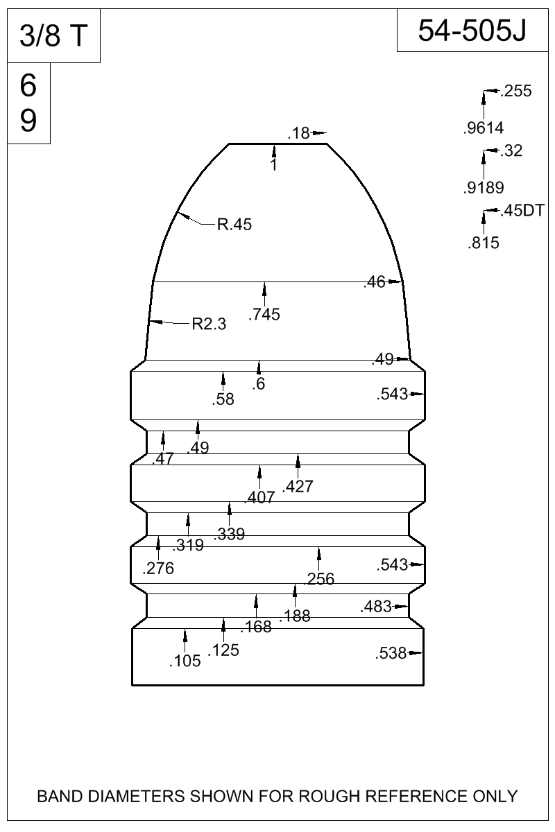 Dimensioned view of bullet 54-505J