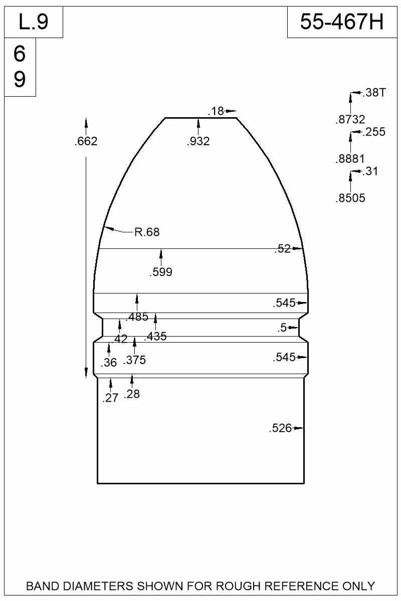 Dimensioned view of bullet 55-467H