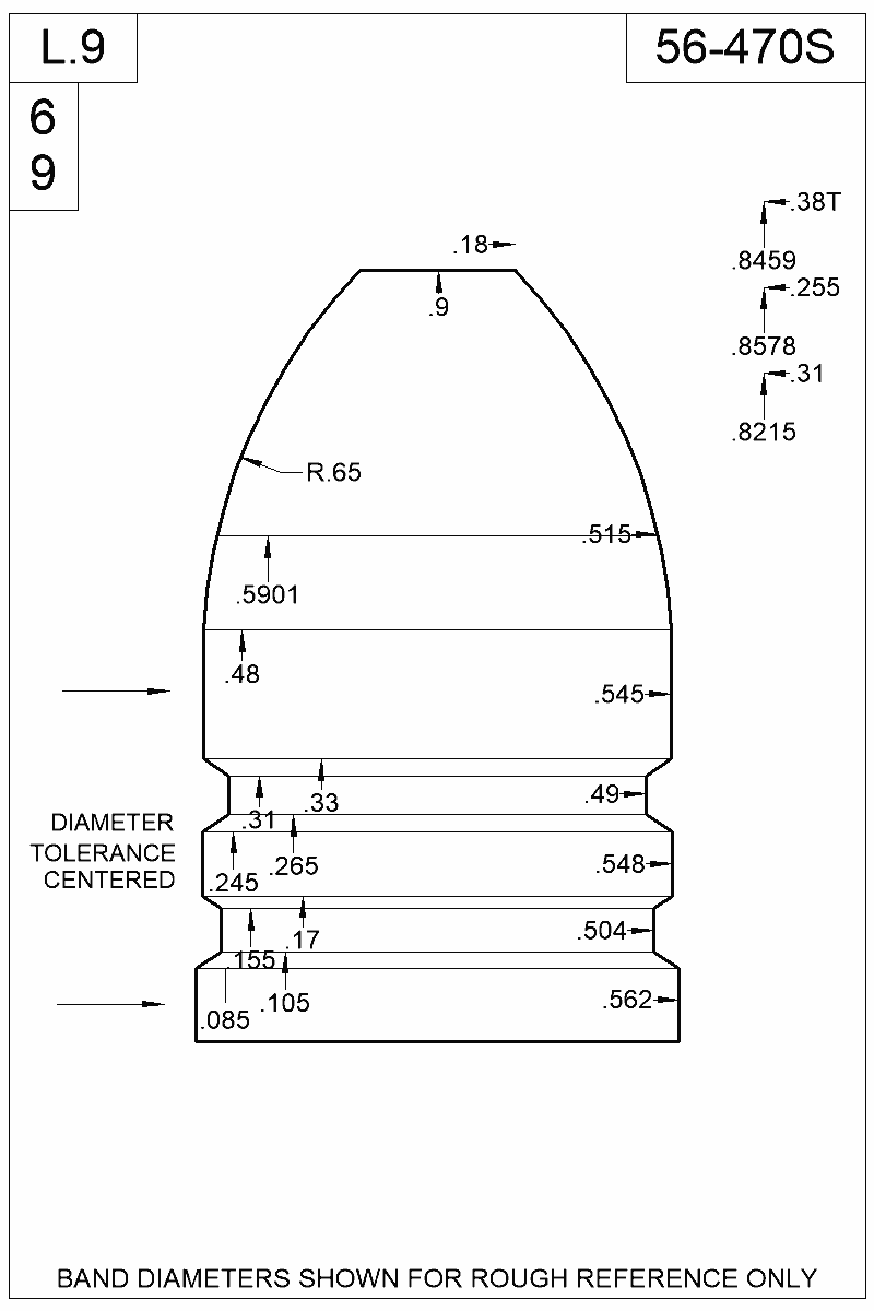 Dimensioned view of bullet 56-470S