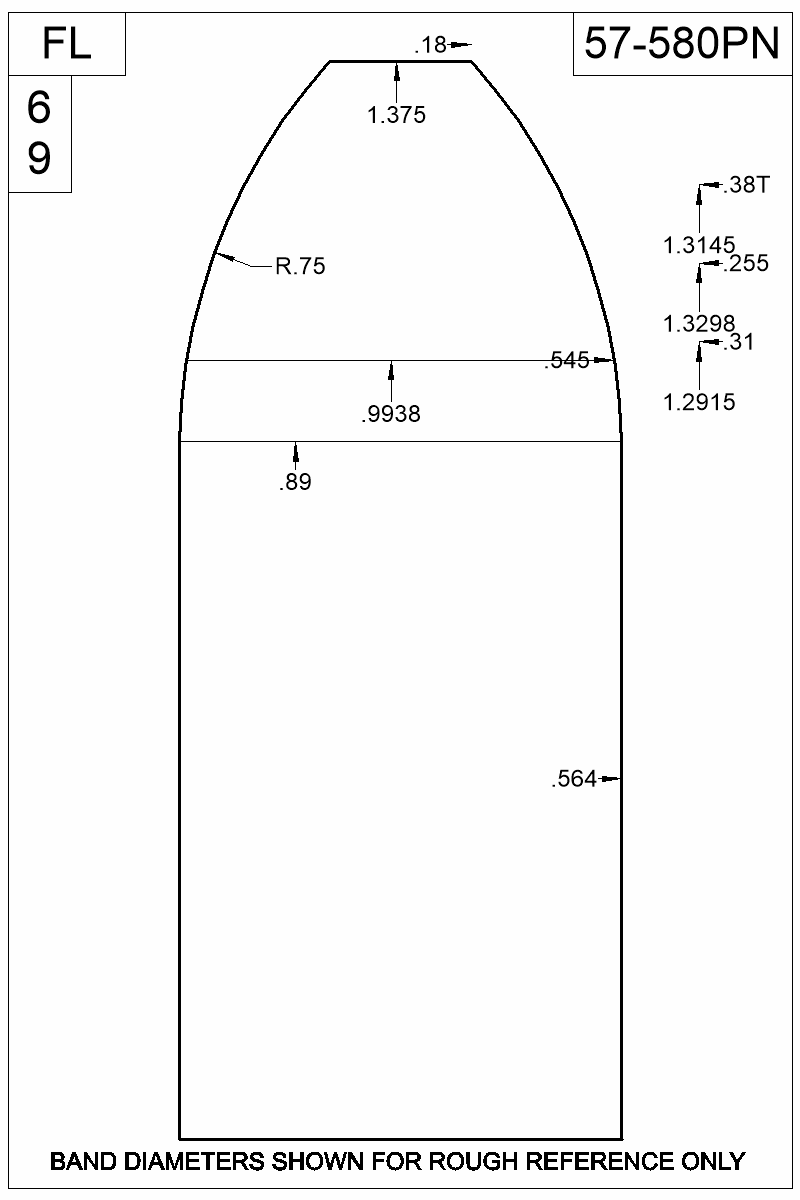 Dimensioned view of bullet 57-580PN