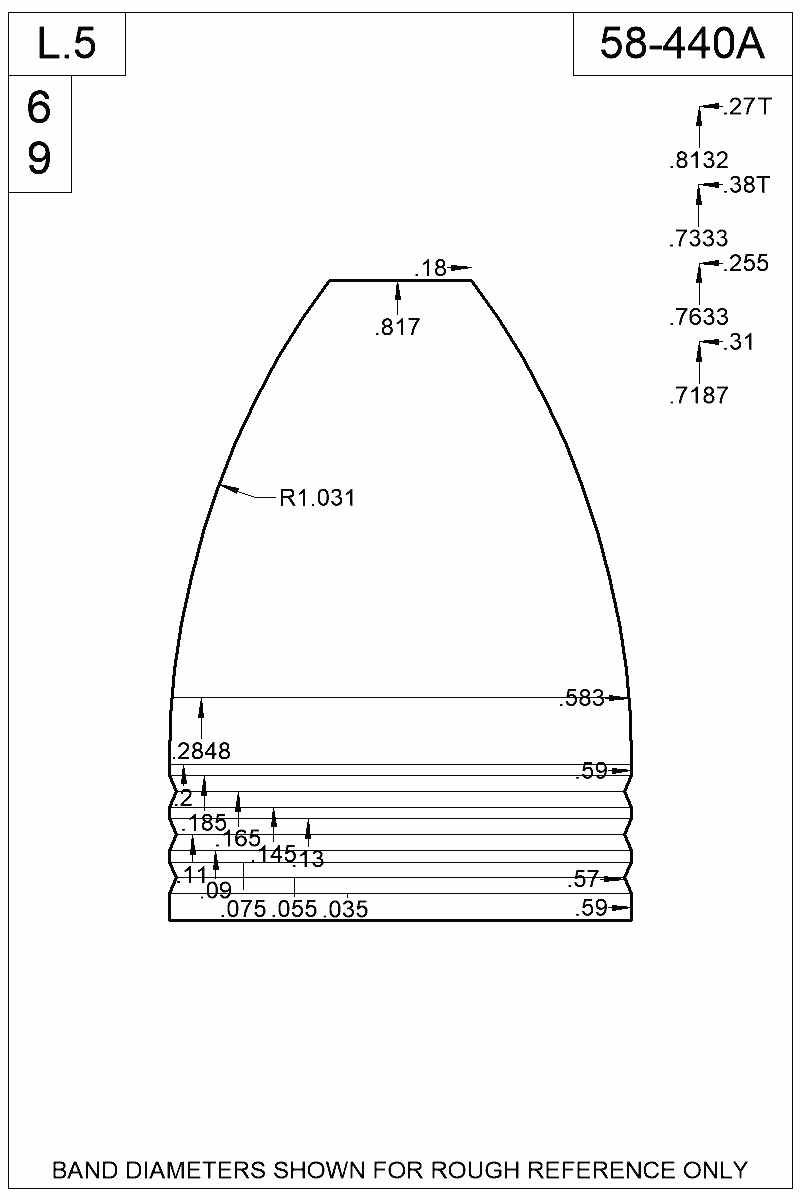 Dimensioned view of bullet 58-440A