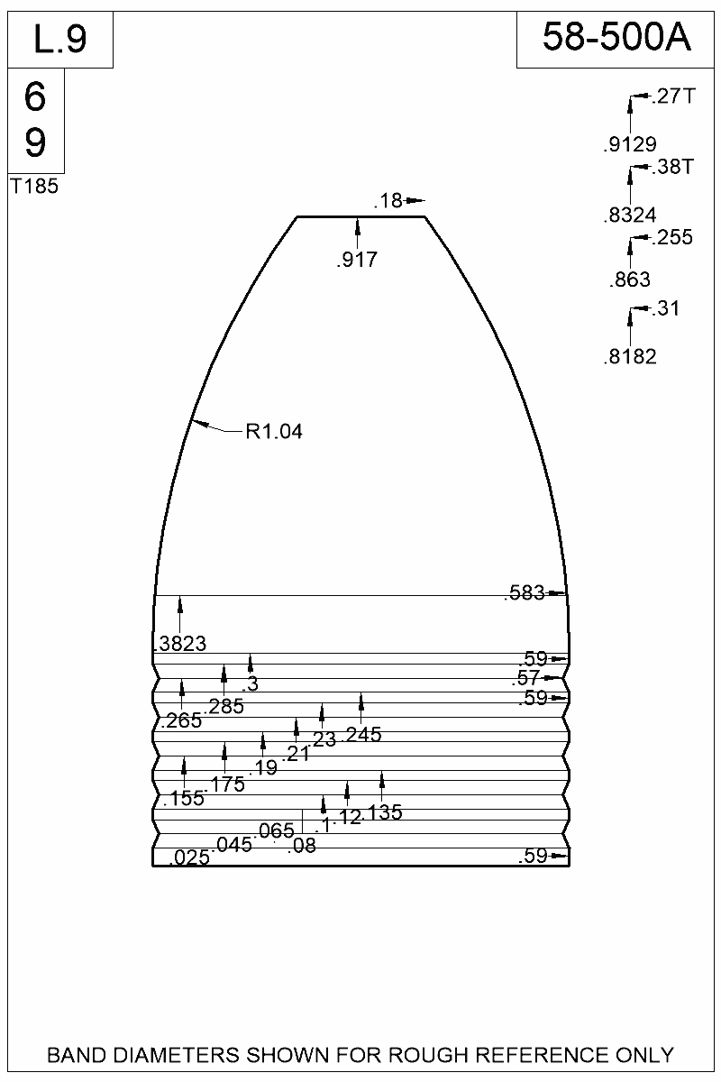 Dimensioned view of bullet 58-500A