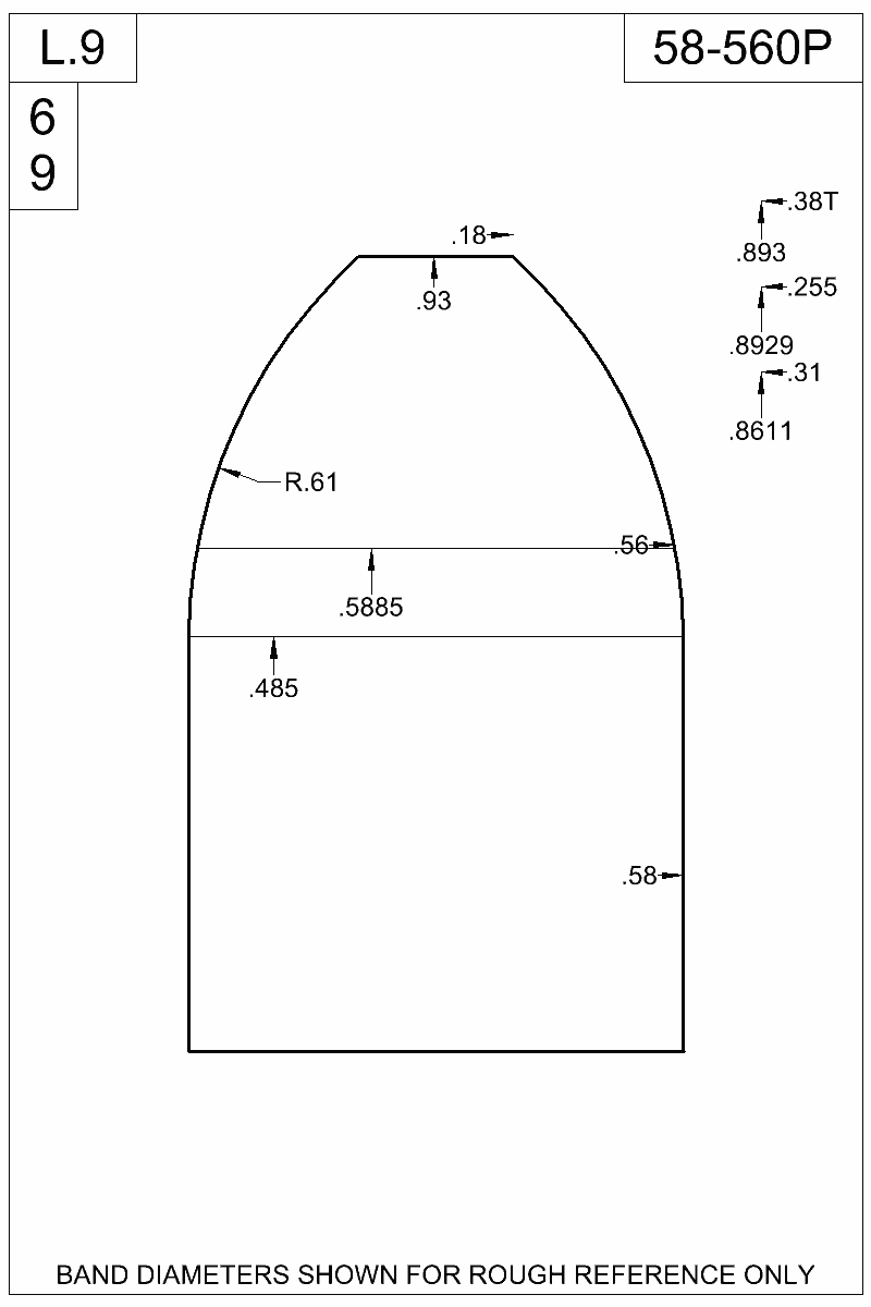 Dimensioned view of bullet 58-560P