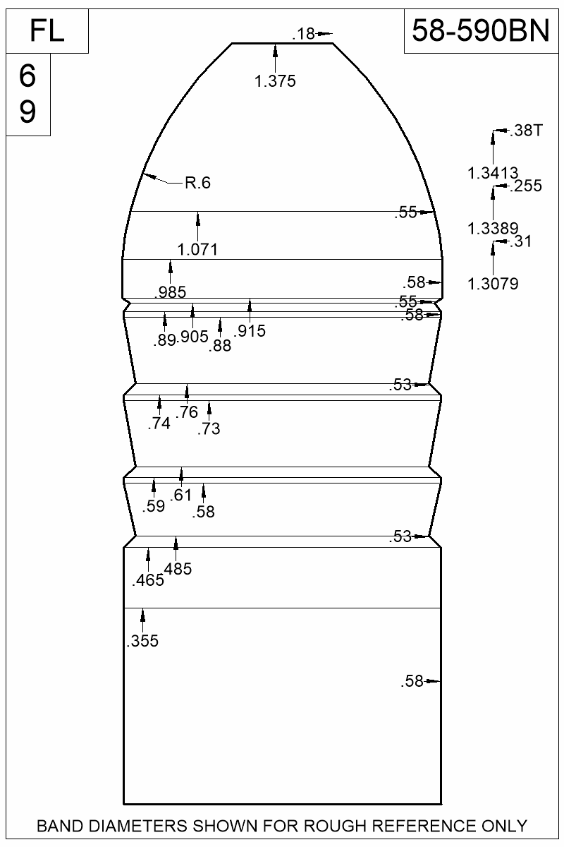 Dimensioned view of bullet 58-590BN