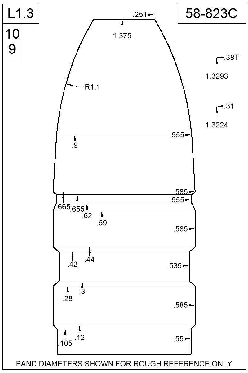 Dimensioned view of bullet 58-823C