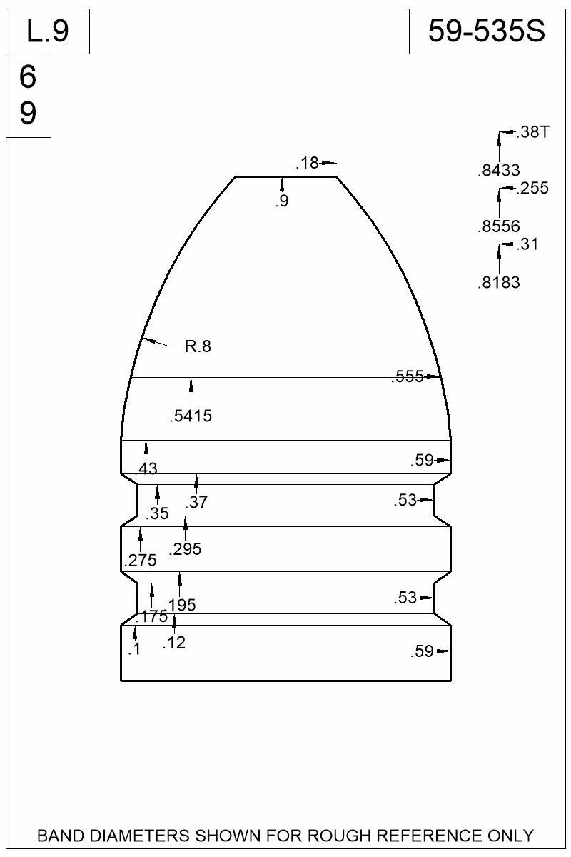 Dimensioned view of bullet 59-535S