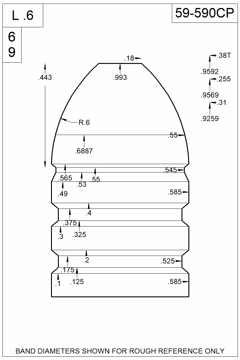 Dimensioned view of bullet 59-590CP