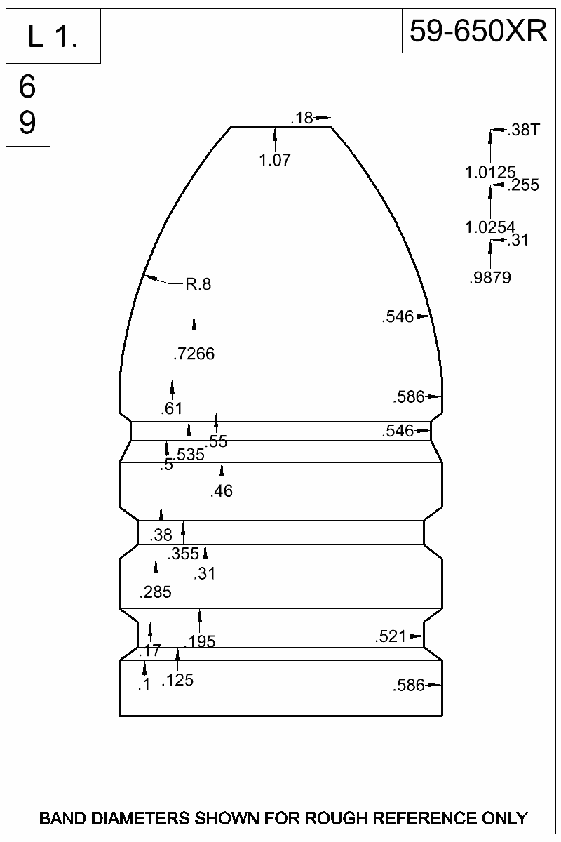 Dimensioned view of bullet 59-650XR