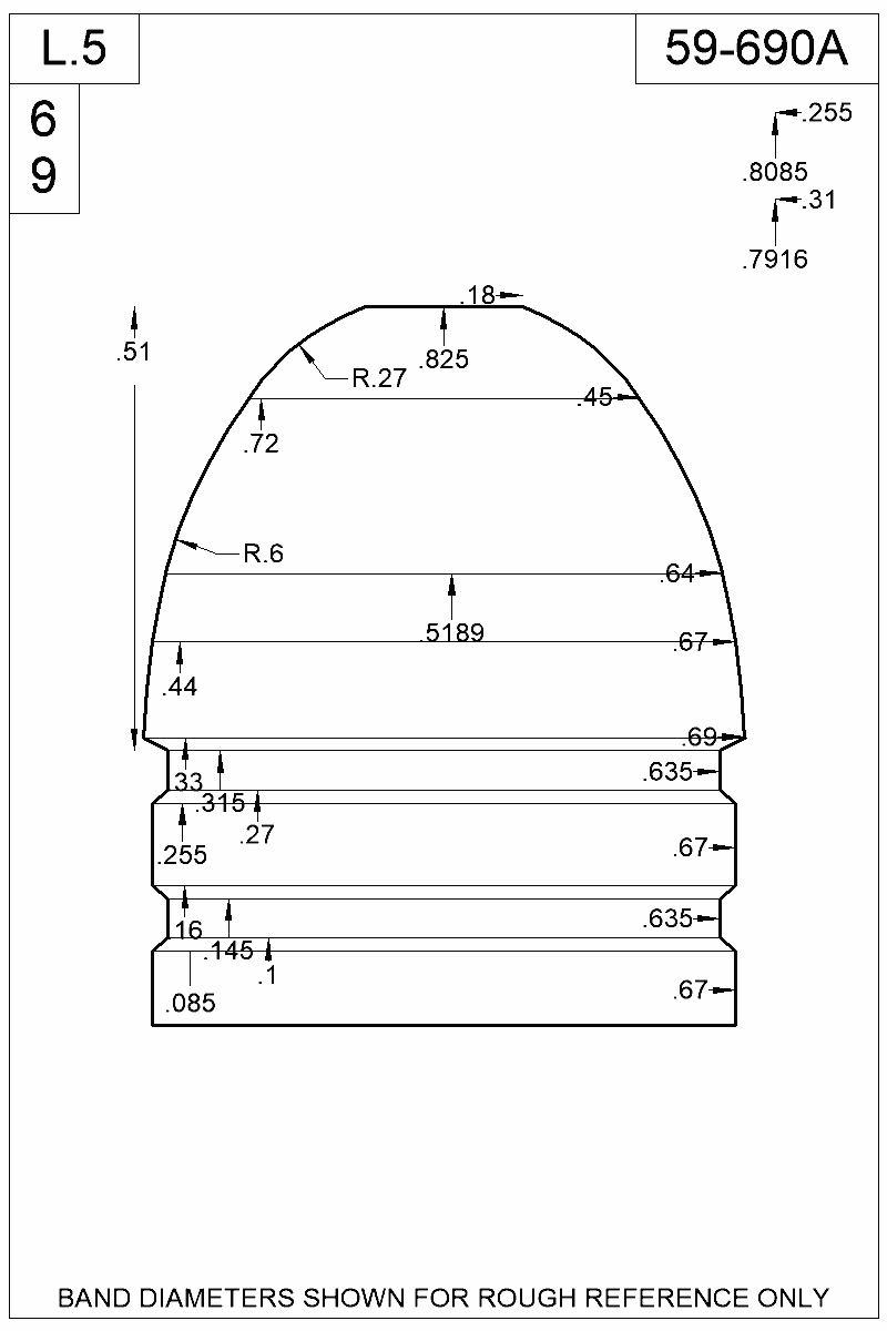Dimensioned view of bullet 59-690A