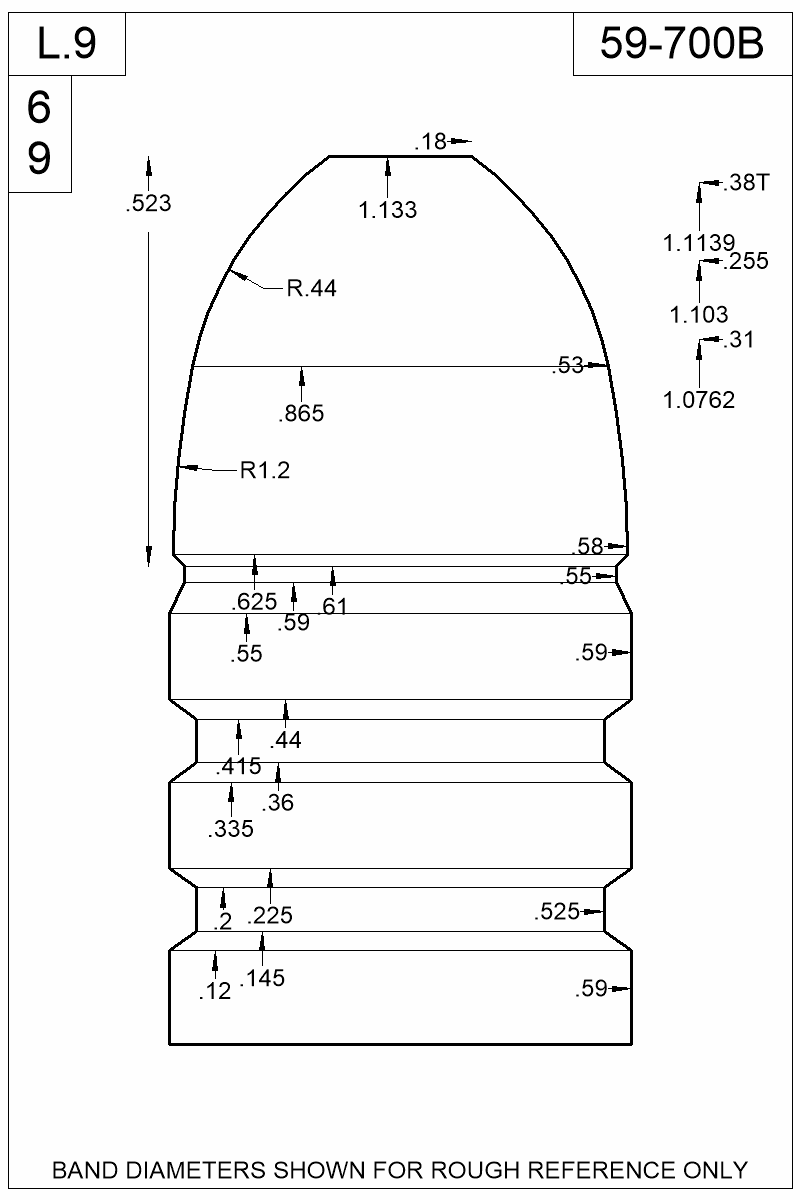 Dimensioned view of bullet 59-700B