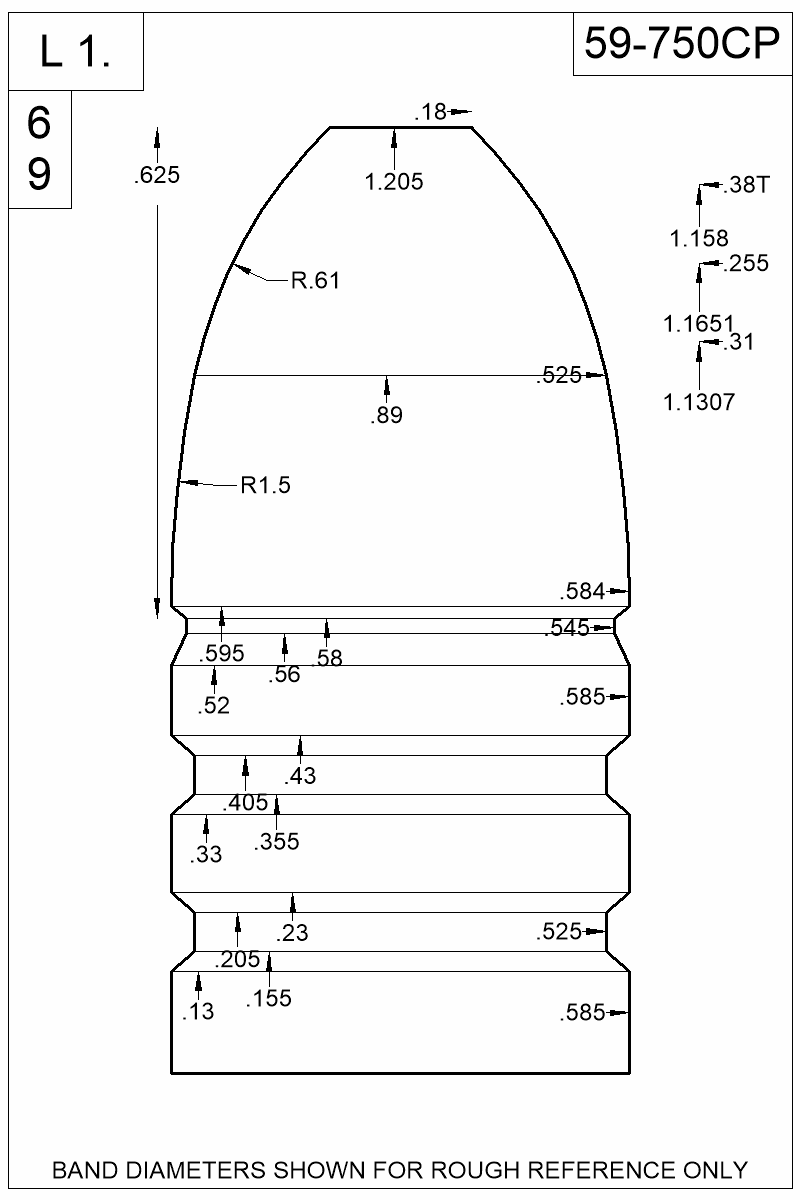 Dimensioned view of bullet 59-750CP