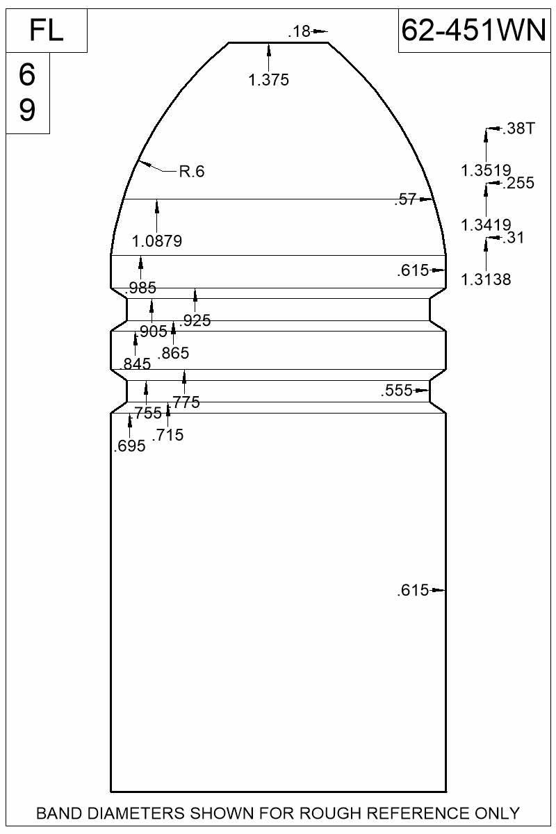Dimensioned view of bullet 62-451WN