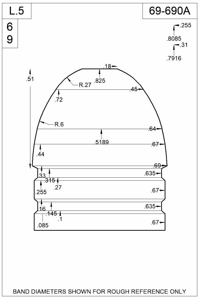 Dimensioned view of bullet 69-690A