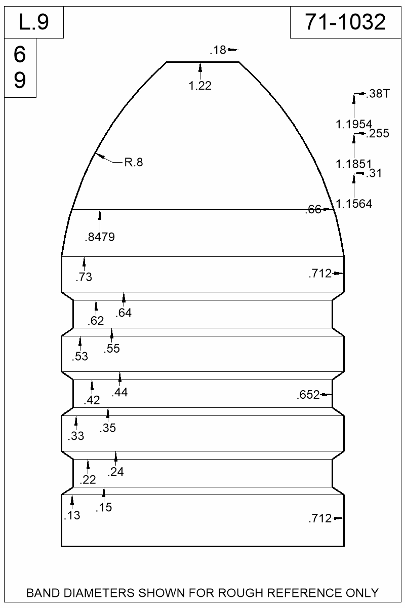 Dimensioned view of bullet 71-1032
