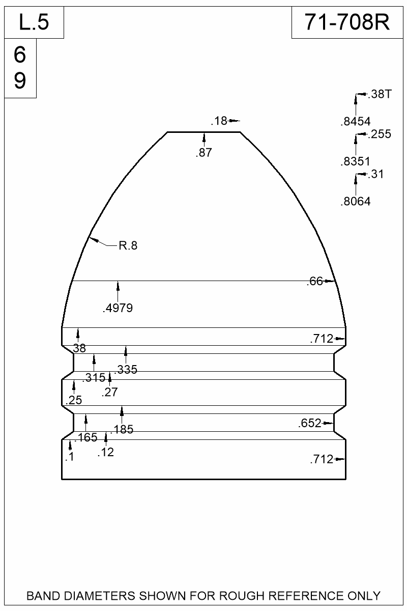 Dimensioned view of bullet 71-708R