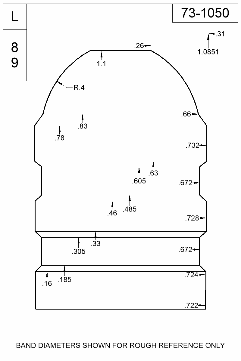 Dimensioned view of bullet 73-1050