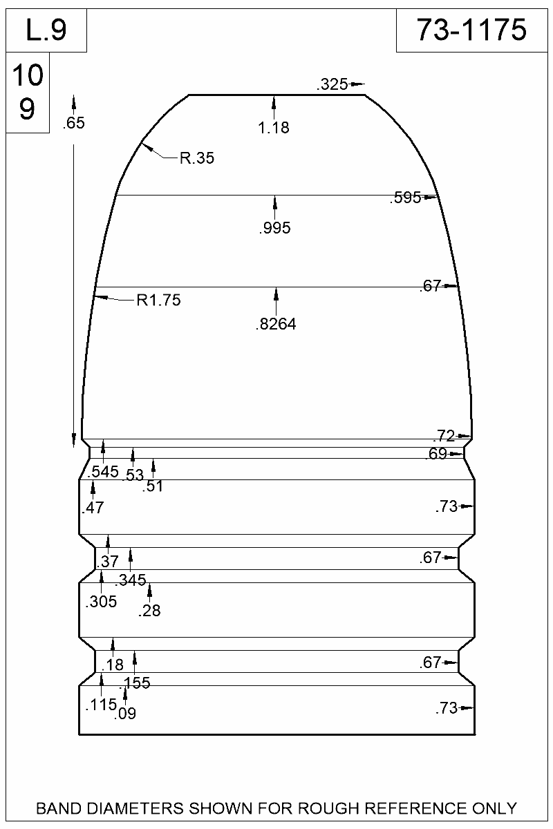 Accurate Molds catalog #73-1175 Dimensioned view of bullet 73-1175