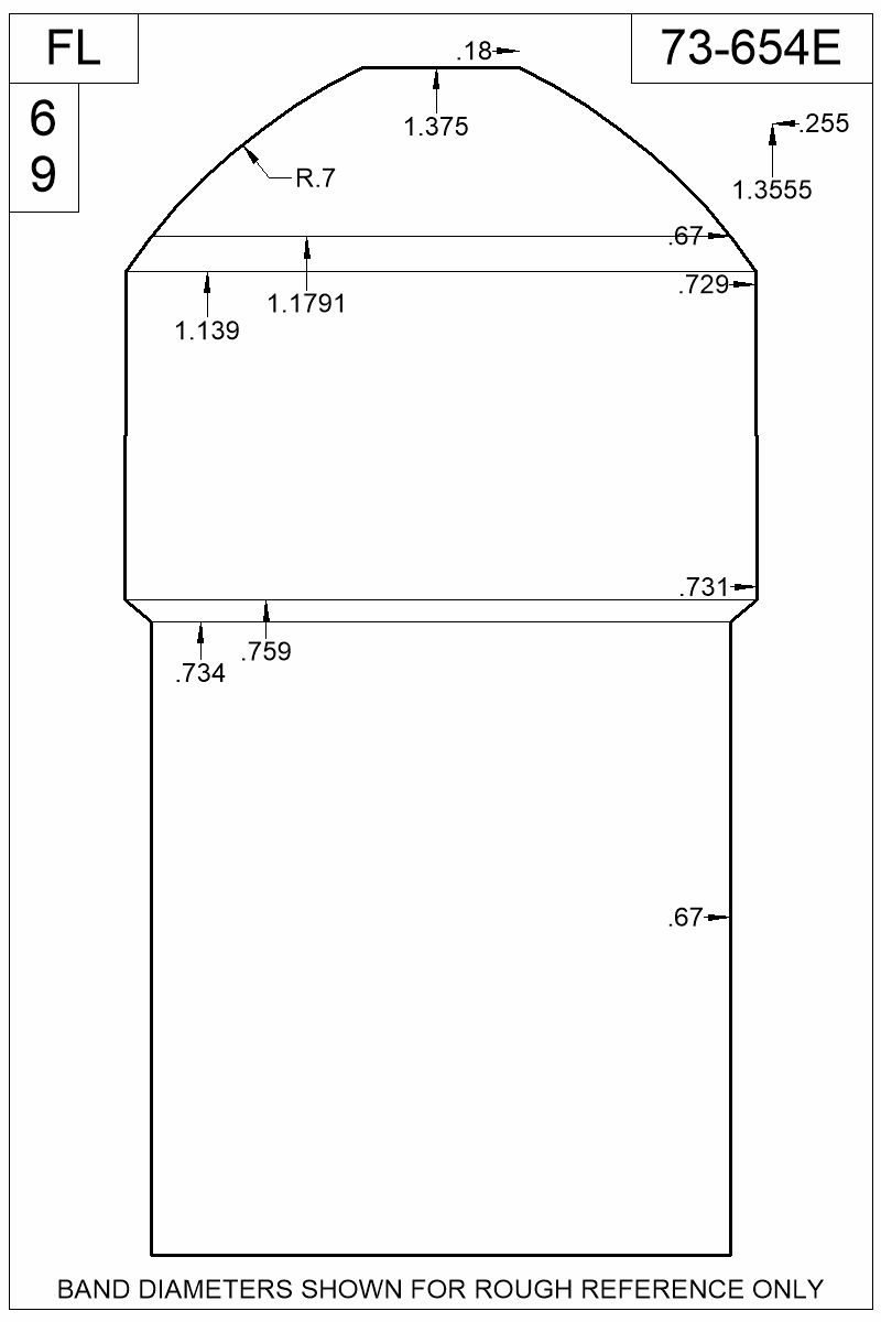 Dimensioned view of bullet 73-654E