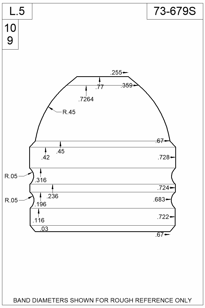 Dimensioned view of bullet 73-679S