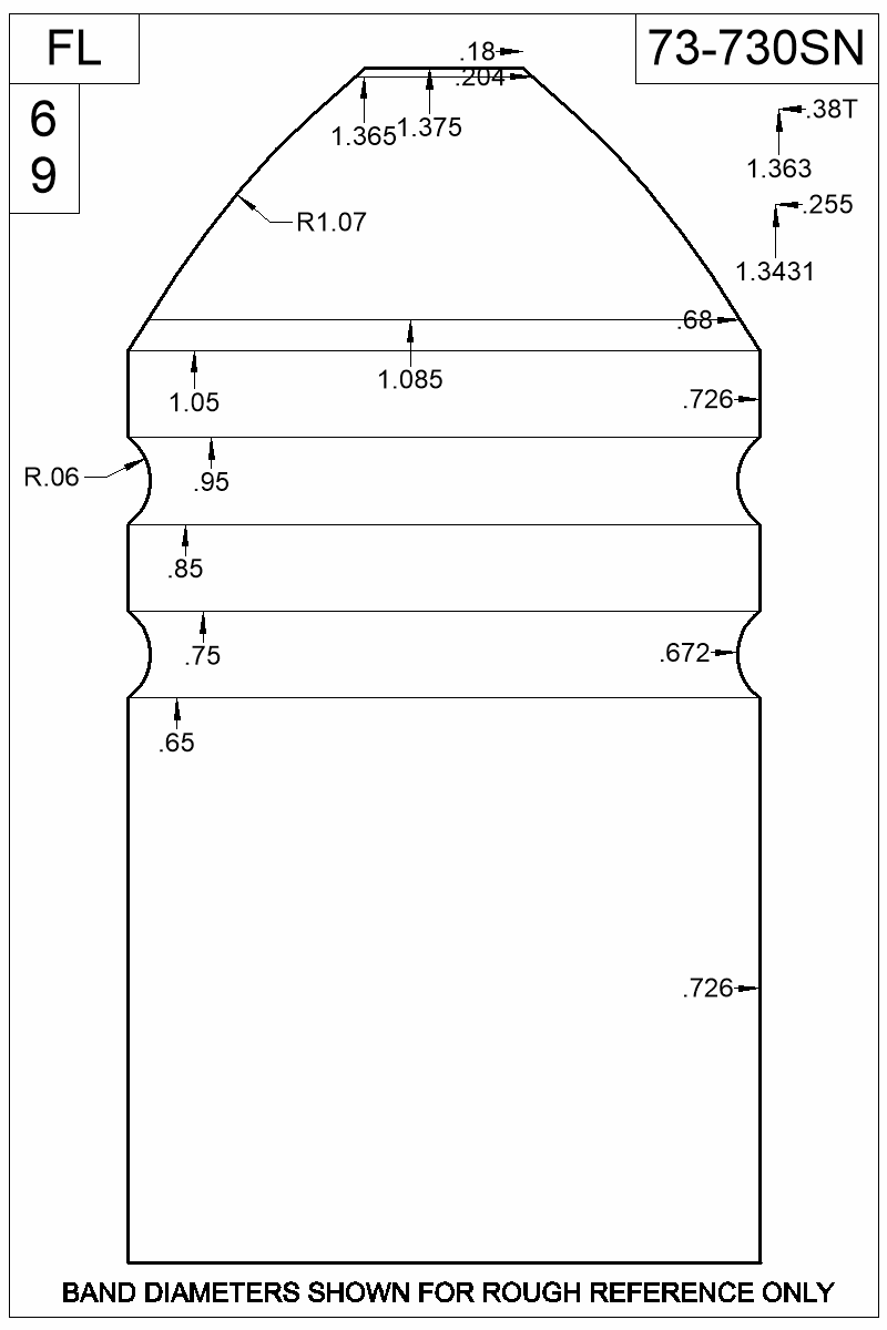 Dimensioned view of bullet 73-730SN