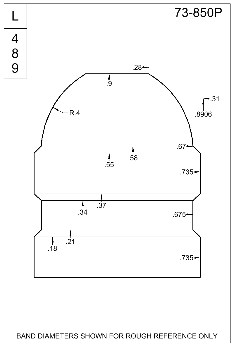 Dimensioned view of bullet 73-850P