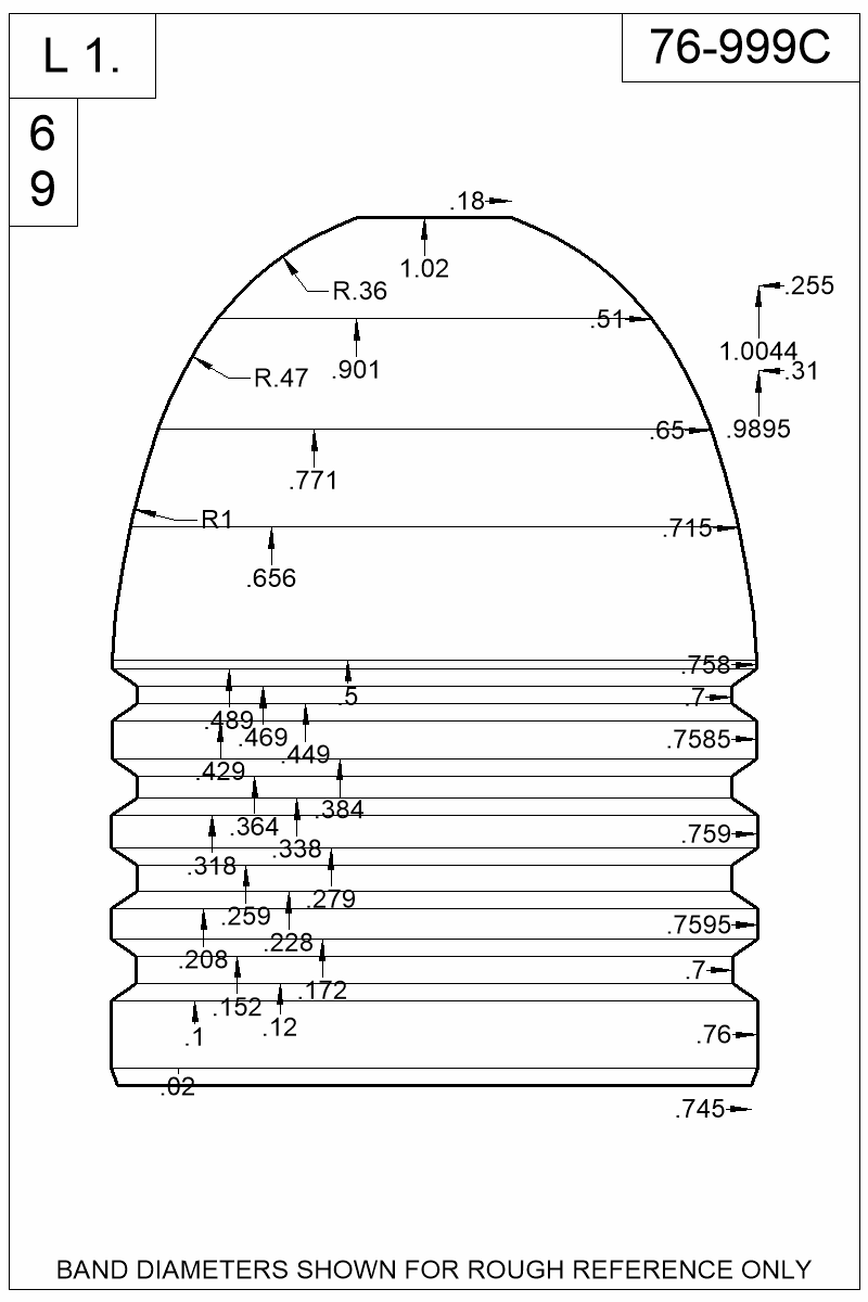 Dimensioned view of bullet 76-999C